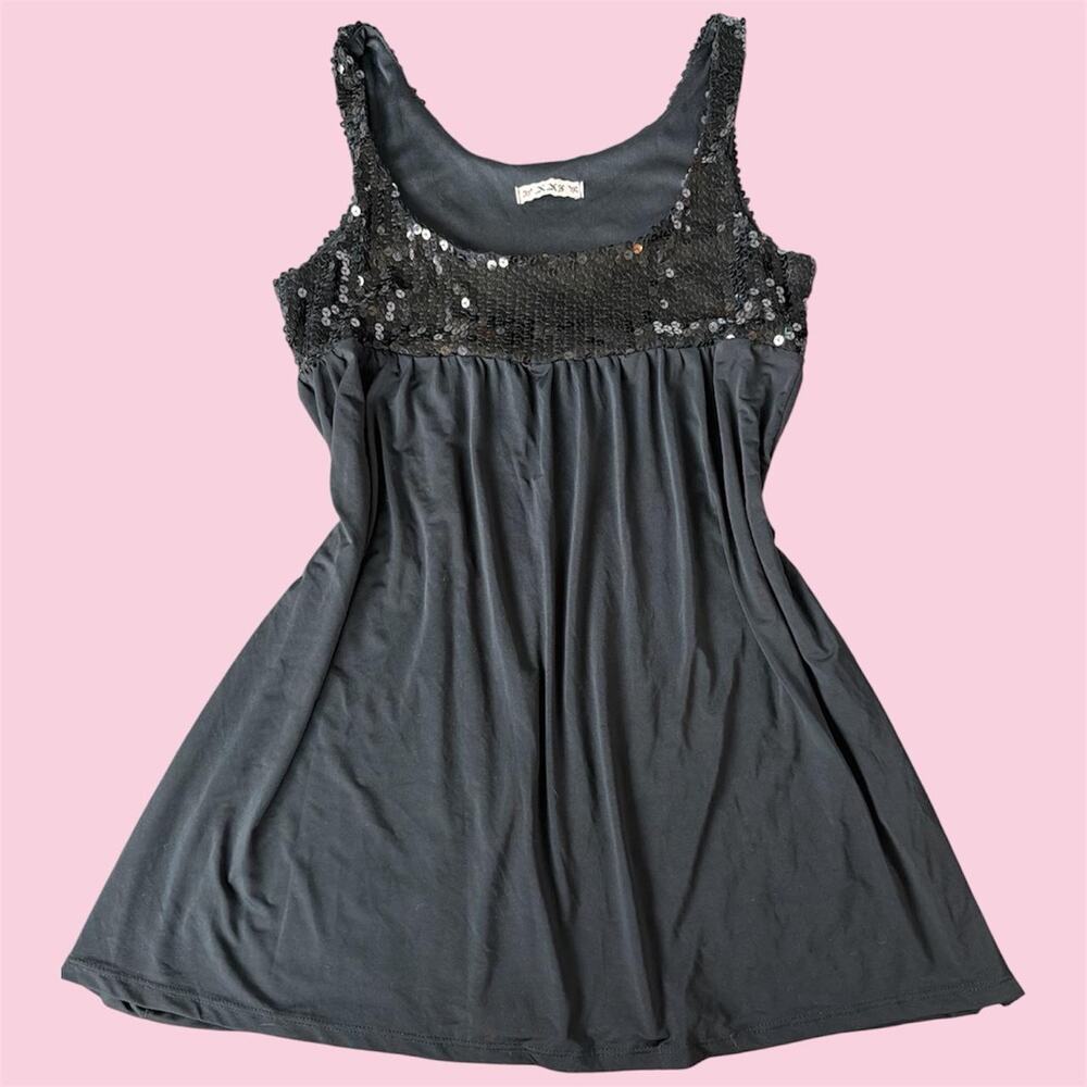Vintage XXI Black sequin babydoll mini dress with sequins on the neckline